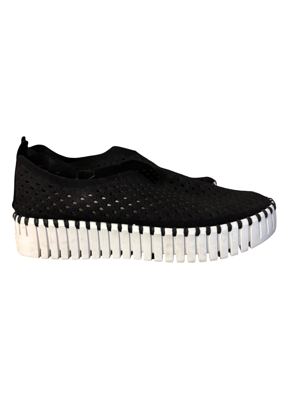 Ilse Jacobsen Black Perforated Slip-On Sneaker with White Ribbed Platform